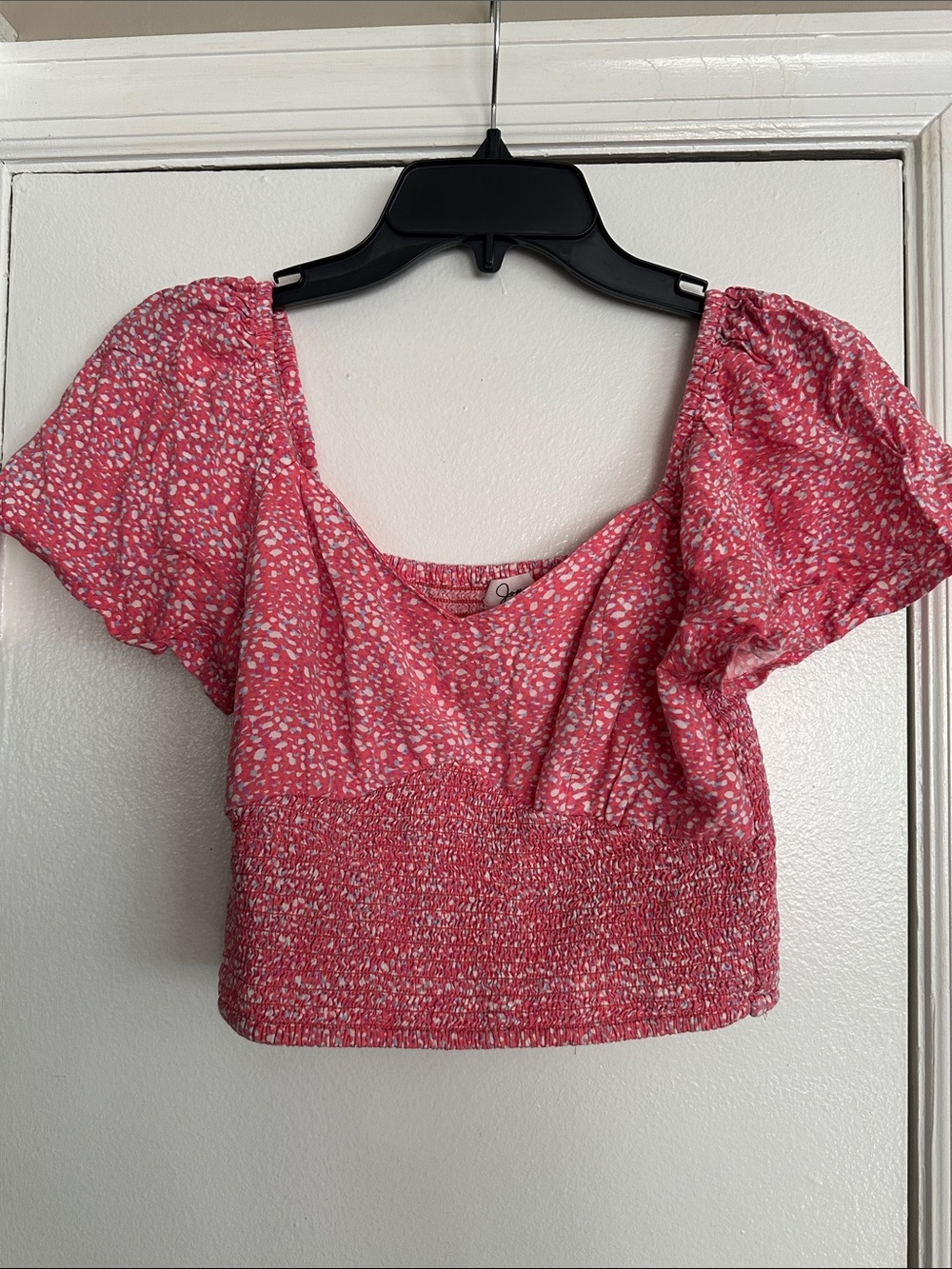 Japna Pink Smocked Floral-Print Puff Sleeve Crop Top